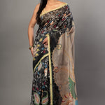 Black Kalamkari Cotton Silk Saree - Anvi Couture