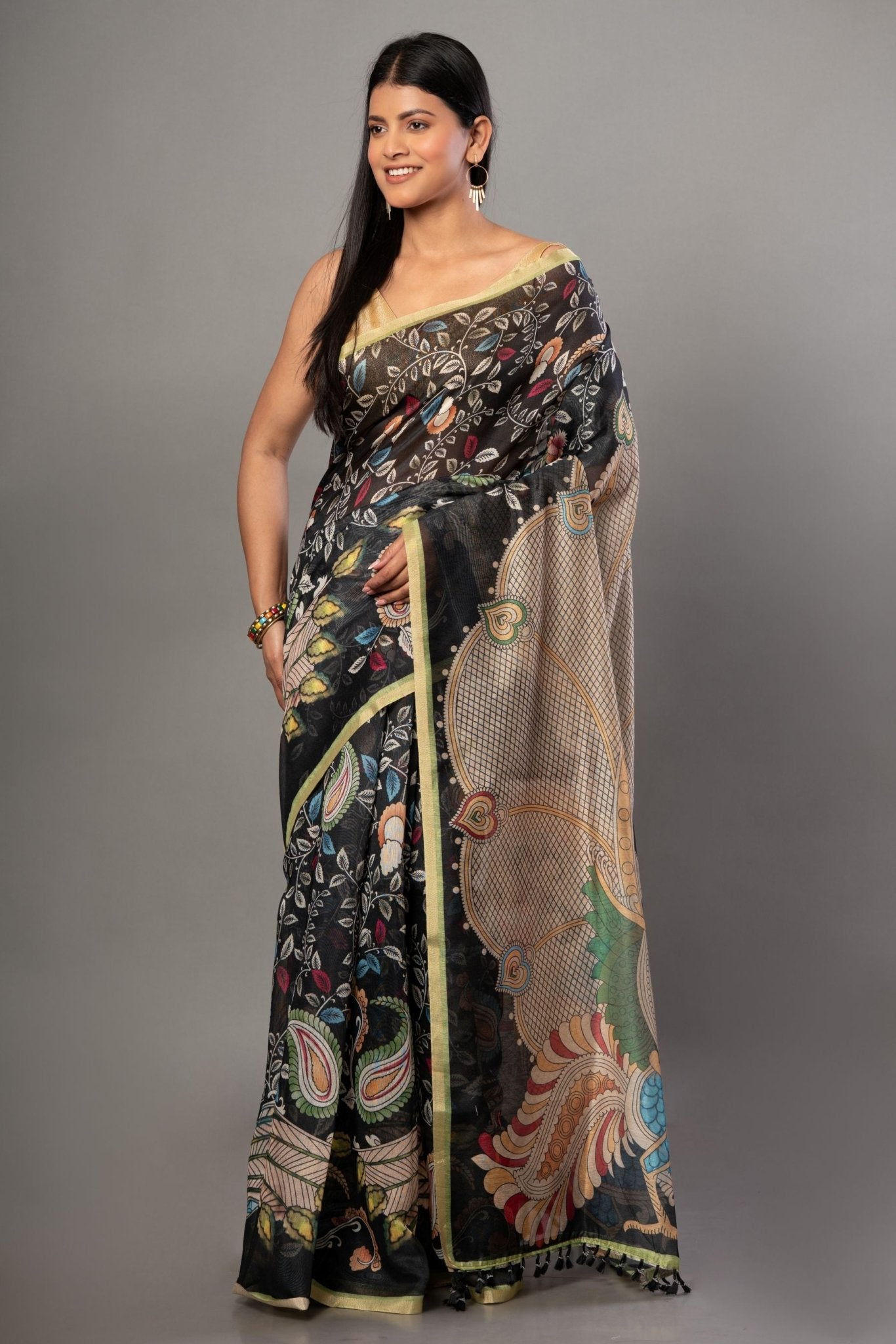 Black Kalamkari Cotton Silk Saree - Anvi Couture