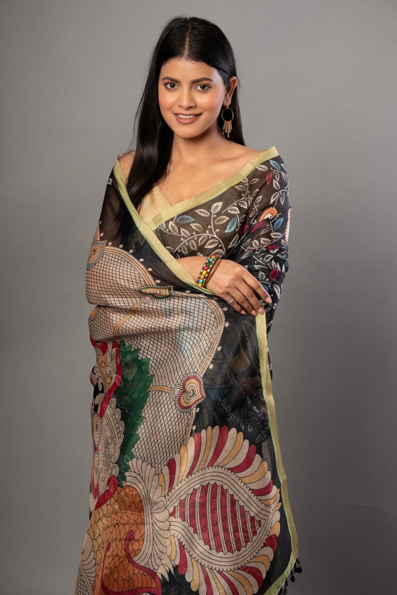 Black Kalamkari Cotton Silk Saree - Anvi Couture