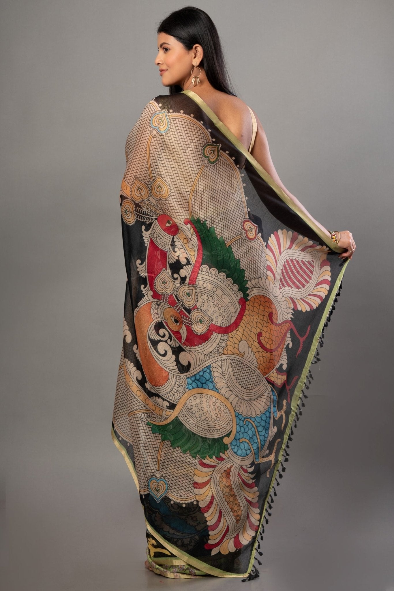 Black Kalamkari Cotton Silk Saree - Anvi Couture