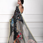 Black Kalamkari cotton silk saree with pen art floral detailing