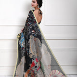 Black Kalamkari cotton silk saree with pen art floral detailing