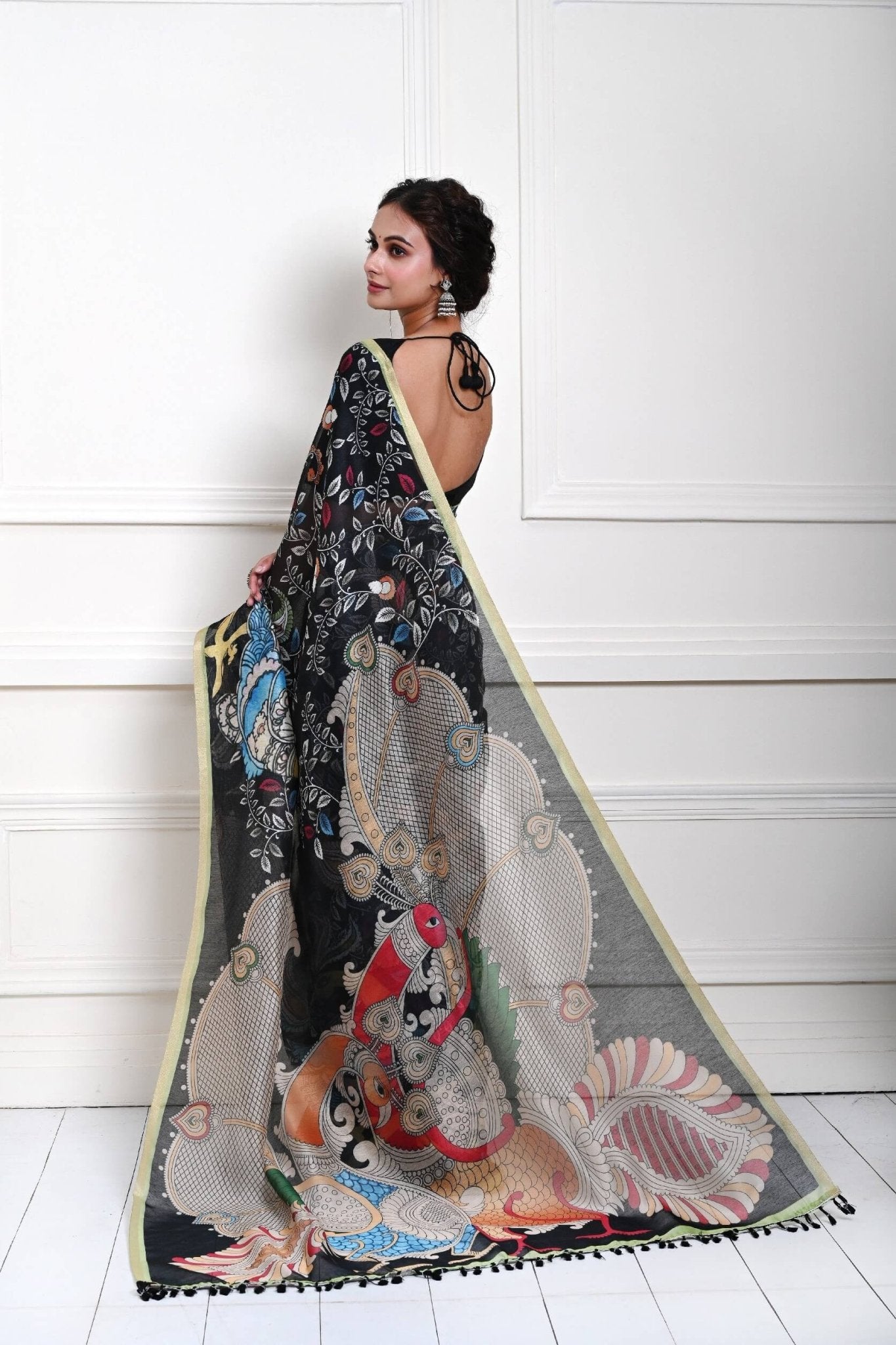 Black Kalamkari cotton silk saree with pen art floral detailing