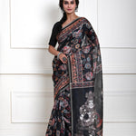 Black Kalamkari printed saree with traditional motifs in cotton silk