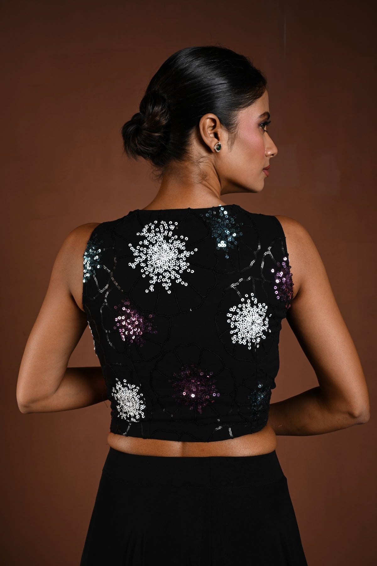Black Lehenga Set with Pairing Sleeveless Sequin Choli - Back Side
