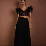 Black Lehenga Set with Red Sequin Work Ruffle Blouse