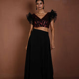 Black Lehenga Set with Red Sequin Work Ruffle Blouse