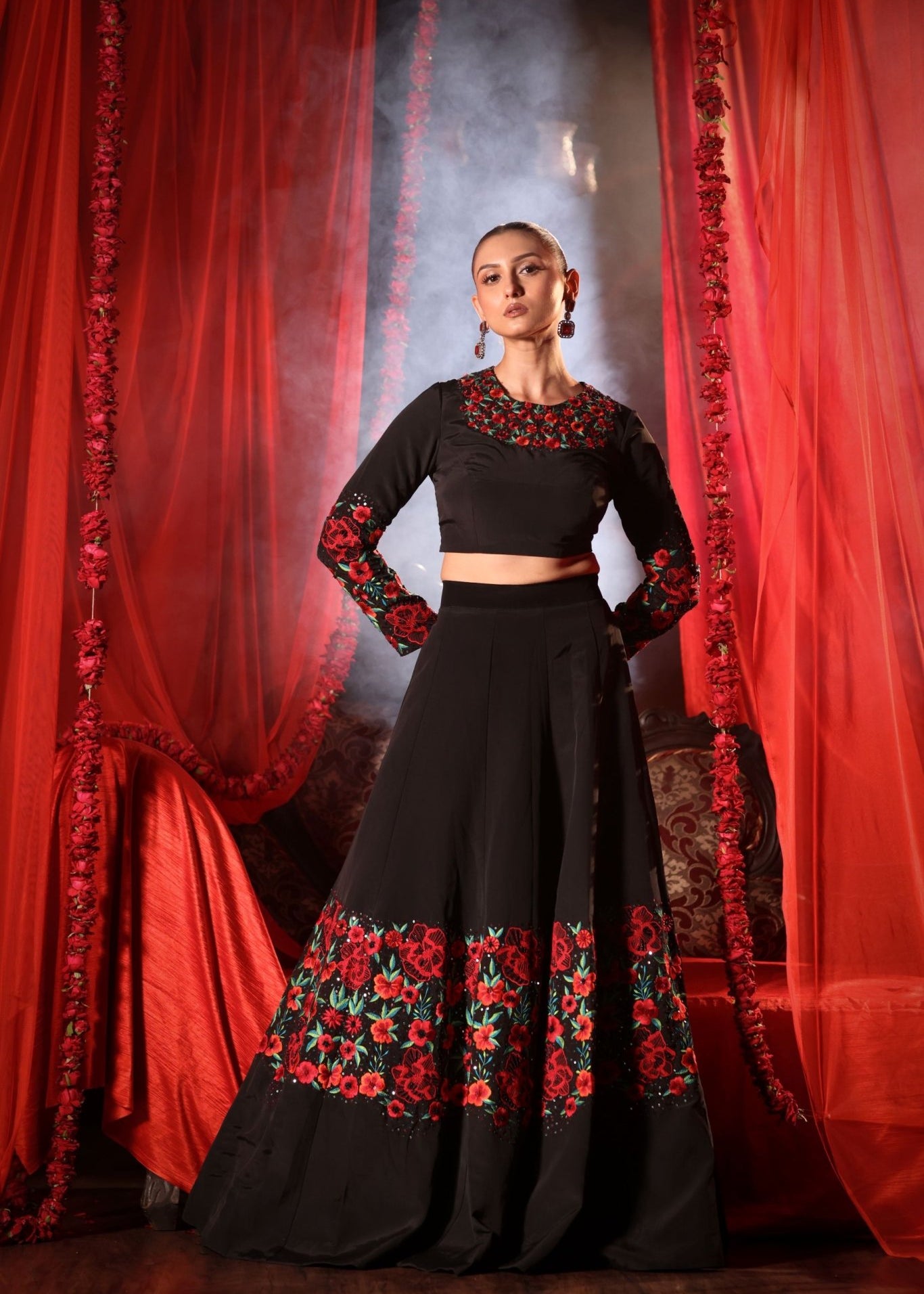 Black Lehenga with Embroidered Floral designs - Anvi Couture