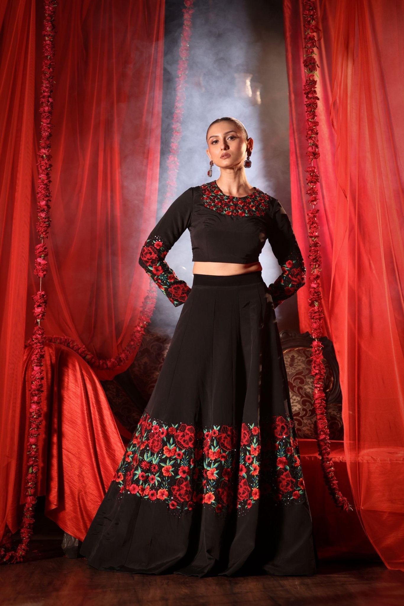 Black Lehenga with Embroidered Floral designs - Anvi Couture