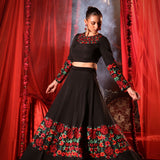 Black Lehenga with Embroidered Floral designs Front
