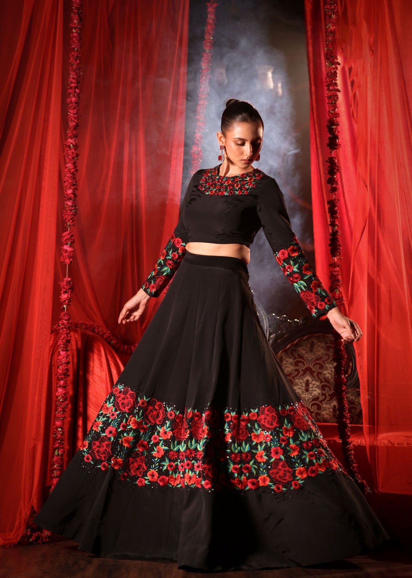 Black Lehenga with Embroidered Floral designs - Anvi Couture