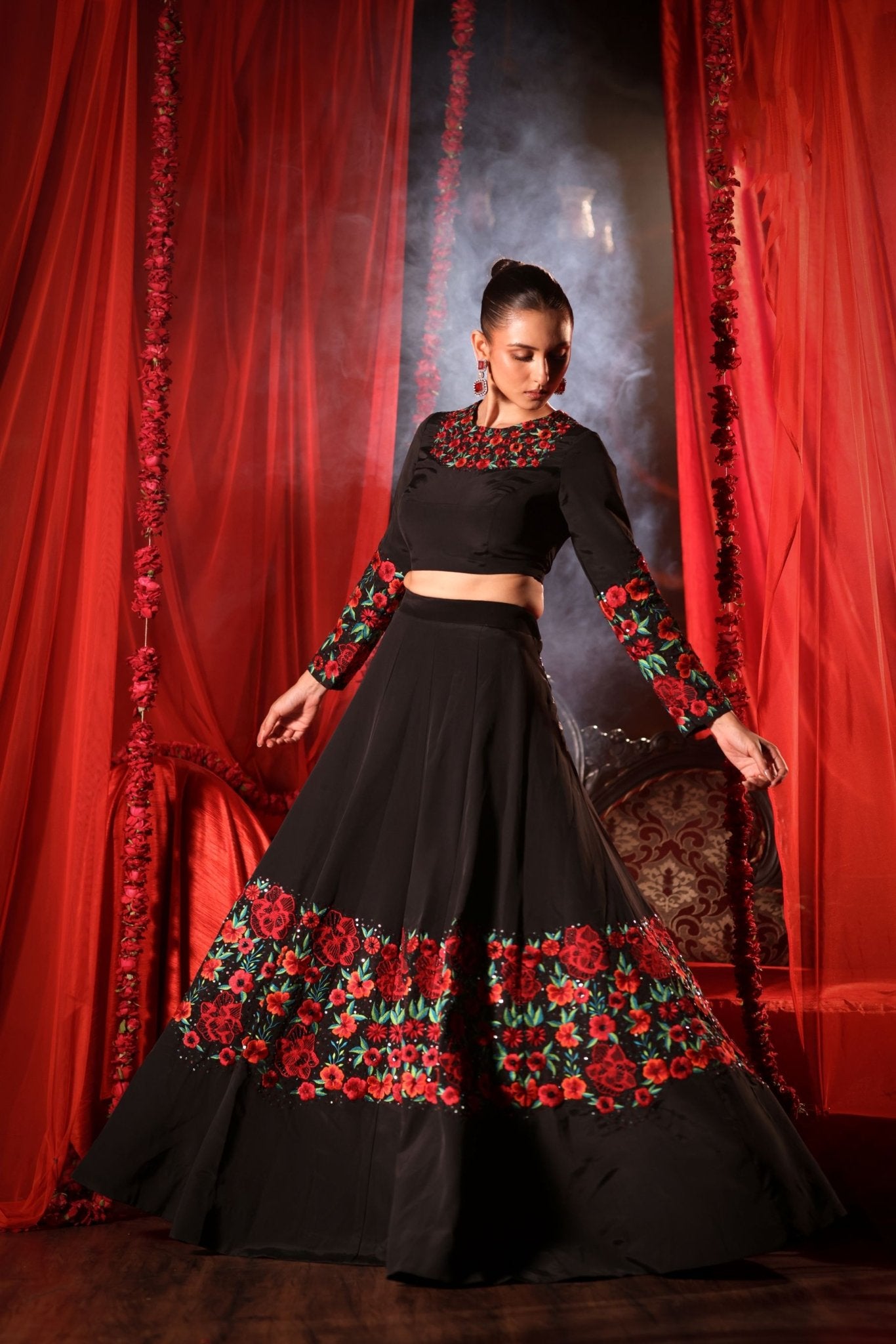 Black Lehenga with Embroidered Floral designs - Anvi Couture