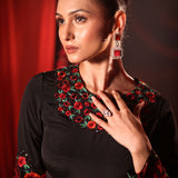 Black Lehenga with Embroidered Floral designs Close Up
