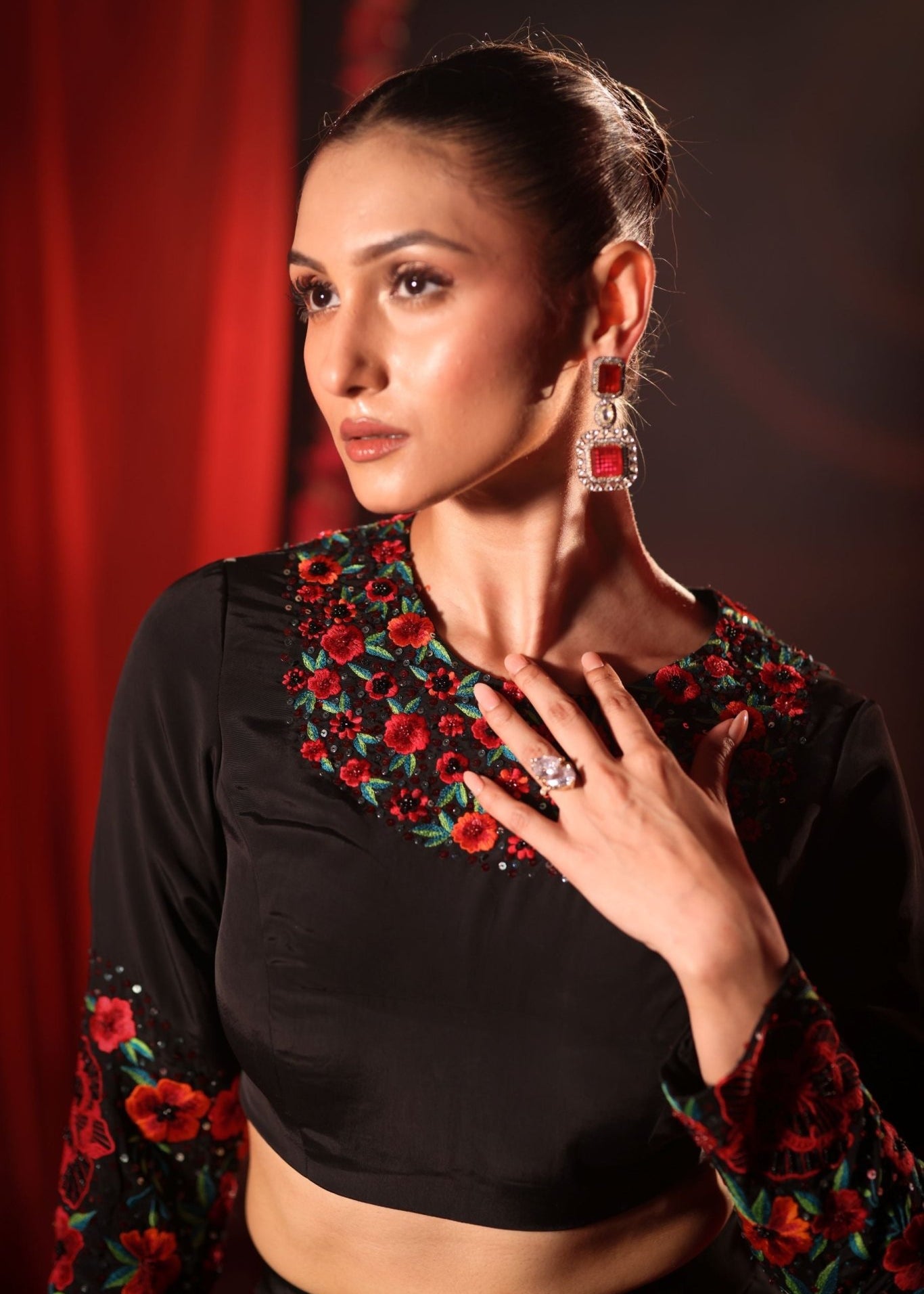 Black Lehenga with Embroidered Floral designs - Anvi Couture