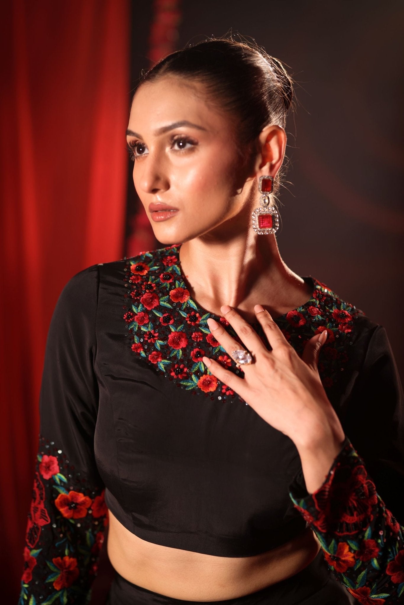 Black Lehenga with Embroidered Floral designs - Anvi Couture