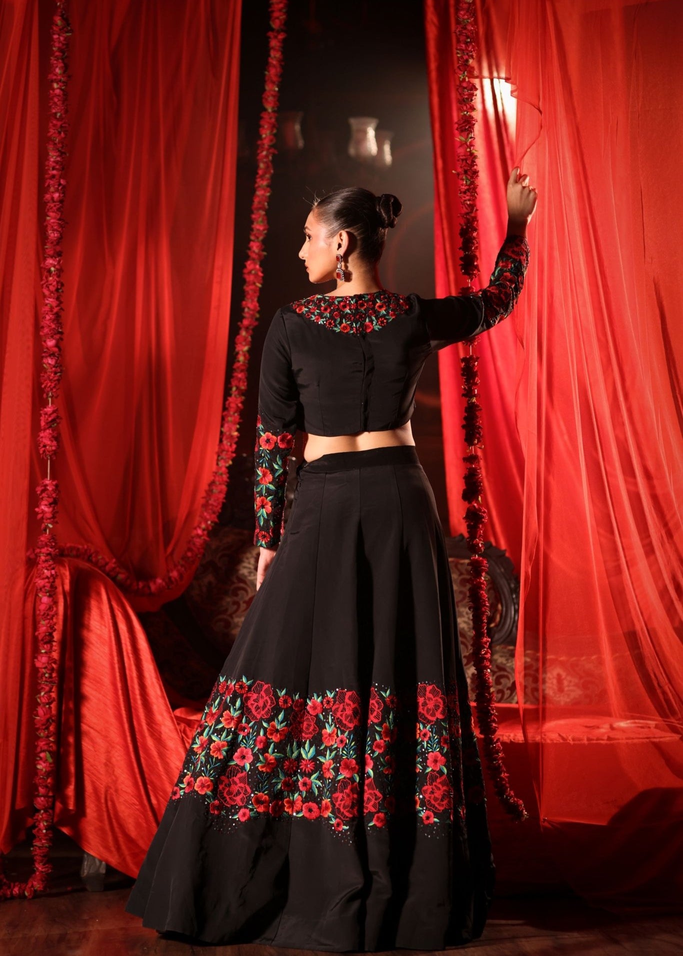 Black Lehenga with Embroidered Floral designs - Anvi Couture