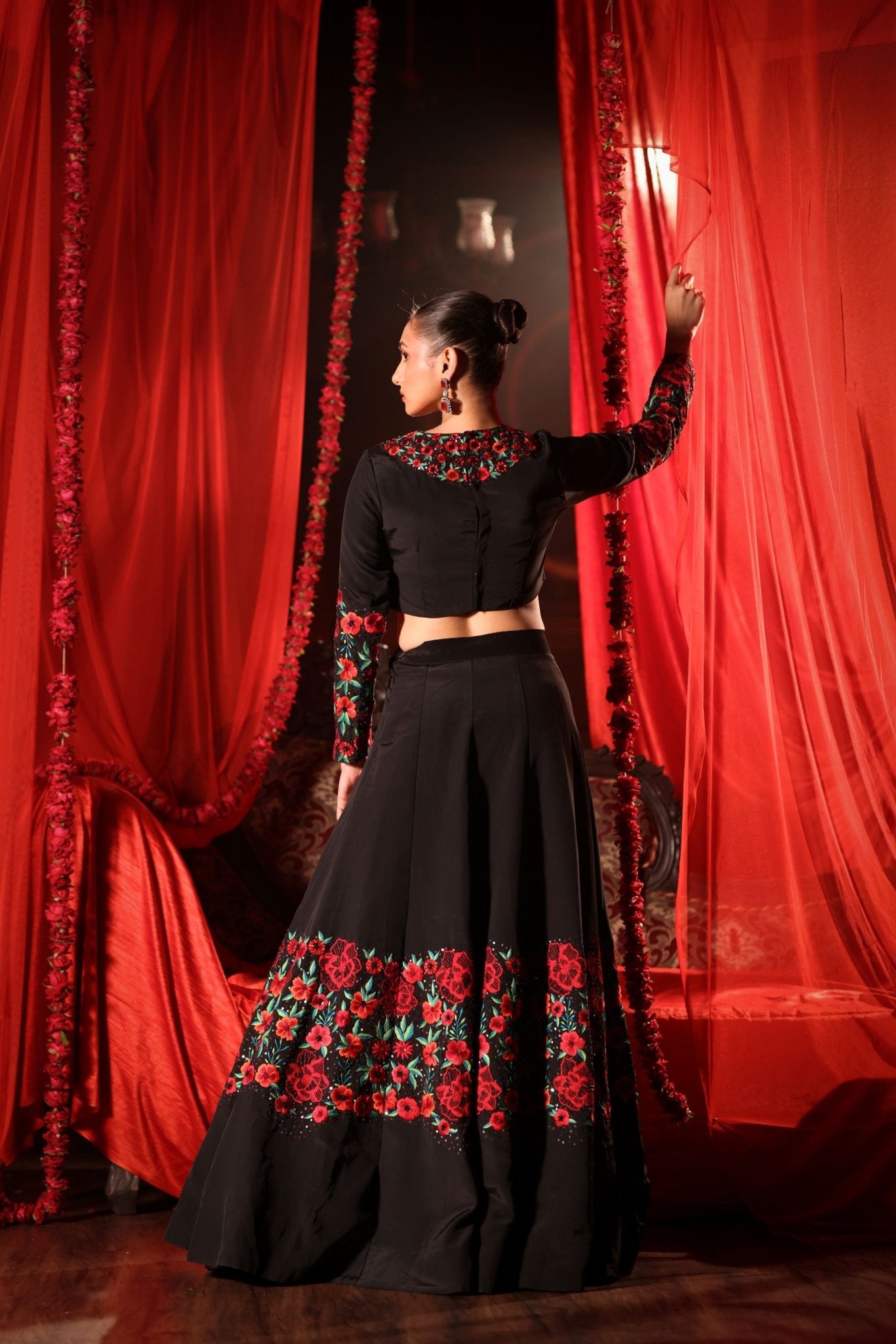 Black Lehenga with Embroidered Floral designs - Anvi Couture
