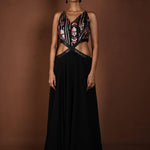Black Long Dress with Multicolor Embroidery and Side Cutouts - Anvi Couture - Front 1
