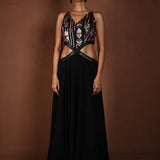Black Long Dress with Multicolor Embroidery and Side Cutouts - Anvi Couture - Front 1