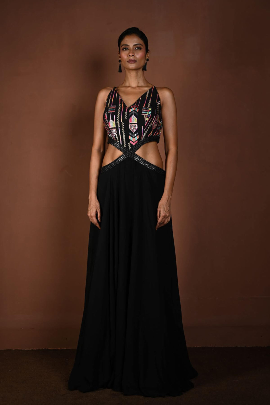 Black Long Dress with Multicolor Embroidery and Side Cutouts M Black Long Dress with Multicolor Embroidery and Side Cutouts M