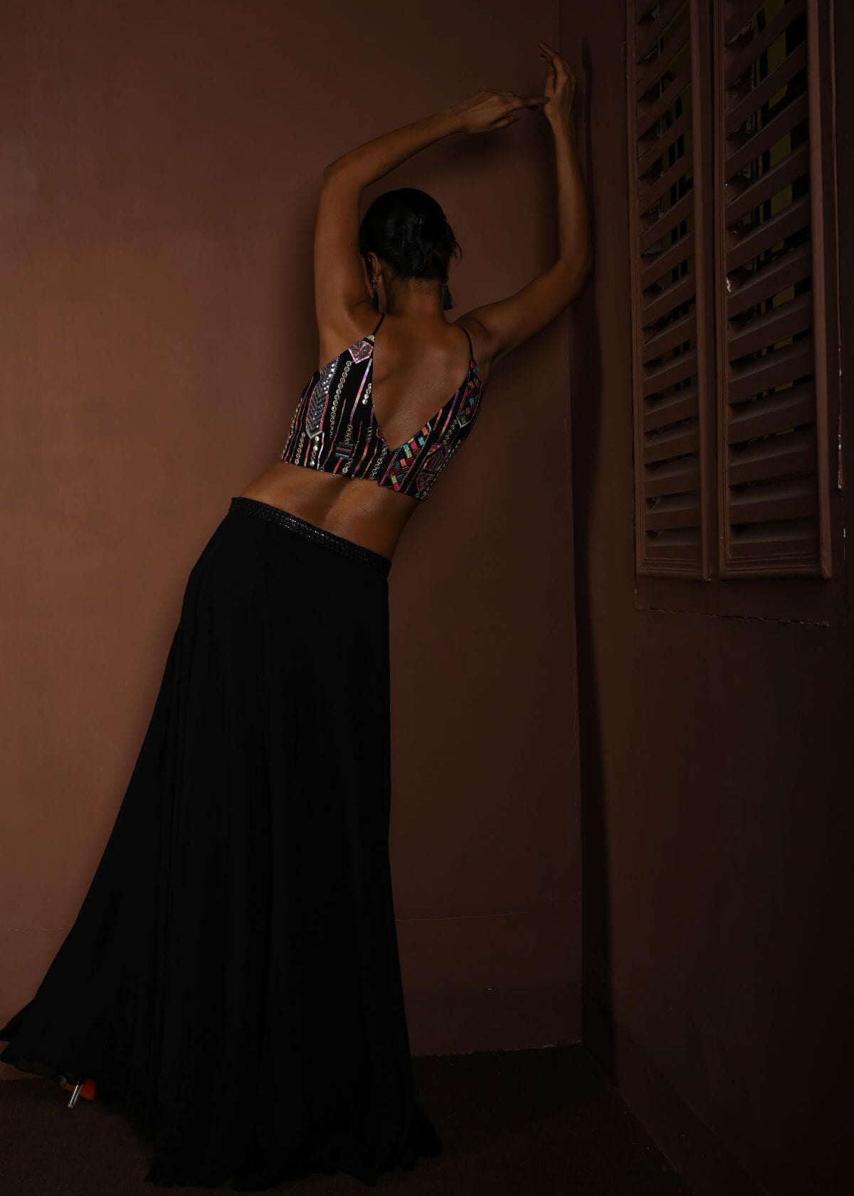 Black Long Dress with Multicolor Embroidery and Side Cutouts - Anvi Couture - Back