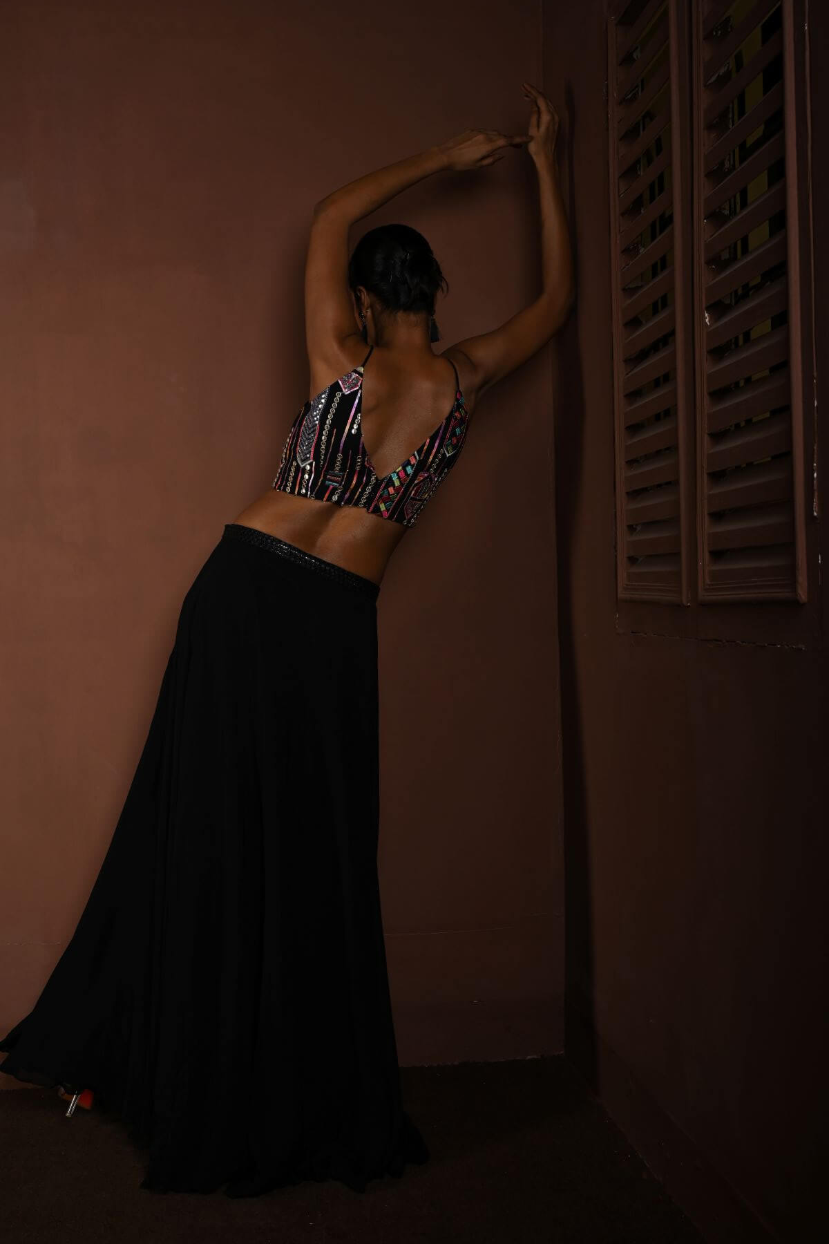 Black Long Dress with Multicolor Embroidery and Side Cutouts - Anvi Couture - Back