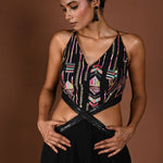 Black Long Dress with Multicolor Embroidery and Side Cutouts - Anvi Couture - Front 2