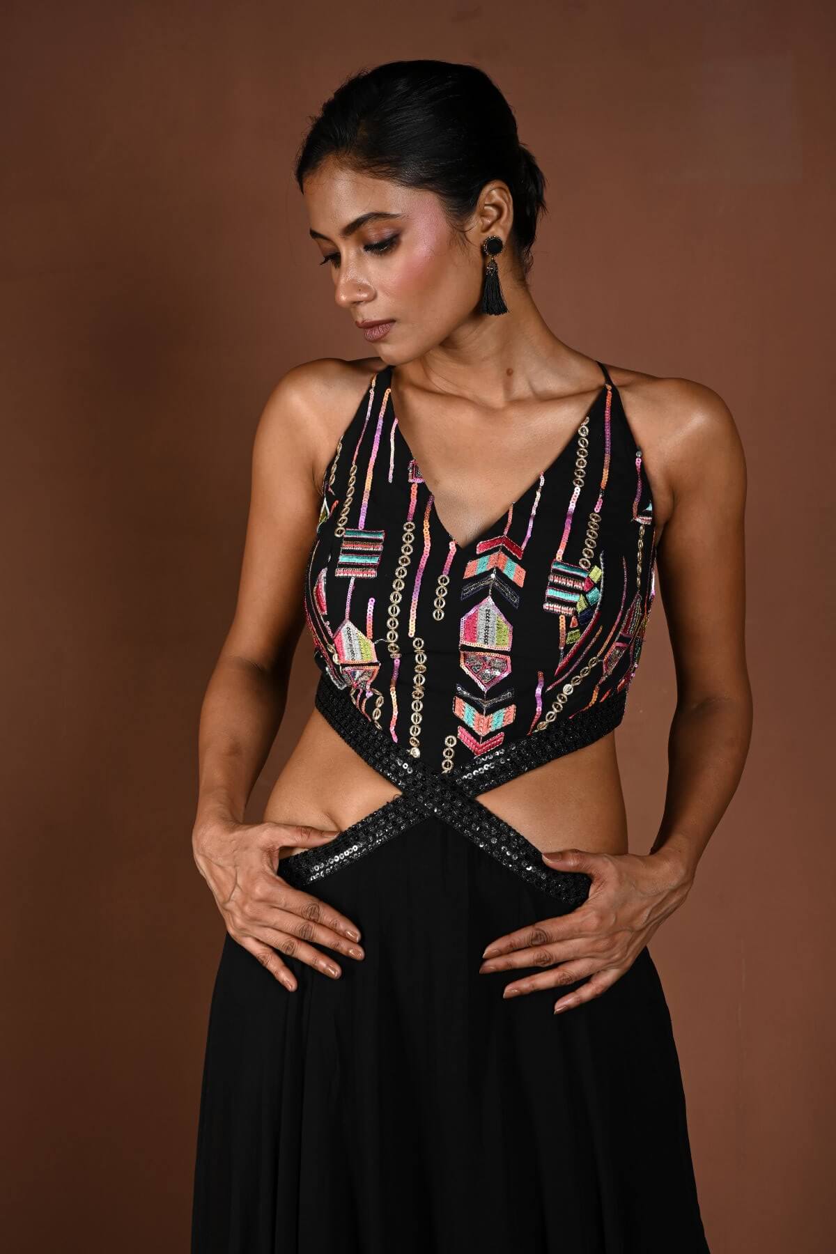 Black Long Dress with Multicolor Embroidery and Side Cutouts - Anvi Couture - Front 2