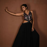 Black Long Dress with Multicolor Embroidery and Side Cutouts - Anvi Couture - Front 3