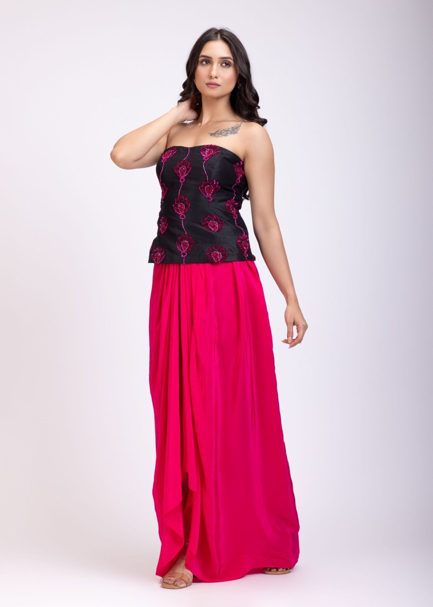 Black Off Shoulder Corset And Drape Skirt With Pink Embroidery And Cut Dana Detail Work - Anvi Couture
