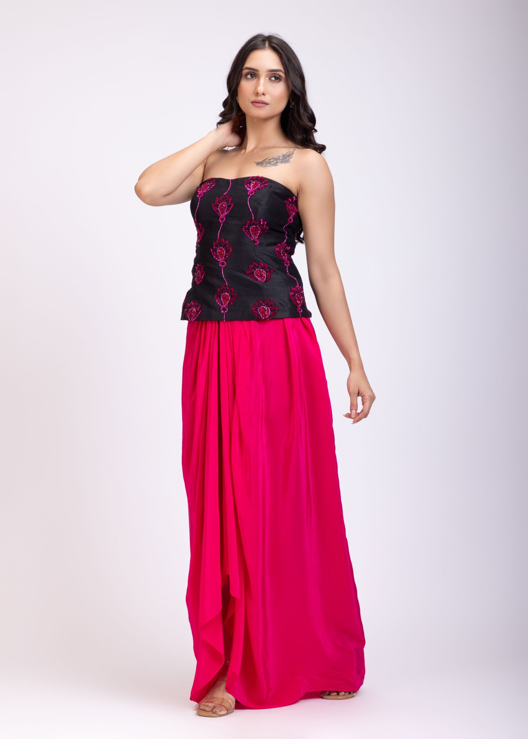 Black Off Shoulder Corset And Drape Skirt With Pink Embroidery And Cut Dana Detail Work full