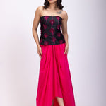 Black Off Shoulder Corset And Drape Skirt With Pink Embroidery And Cut Dana Detail Work front