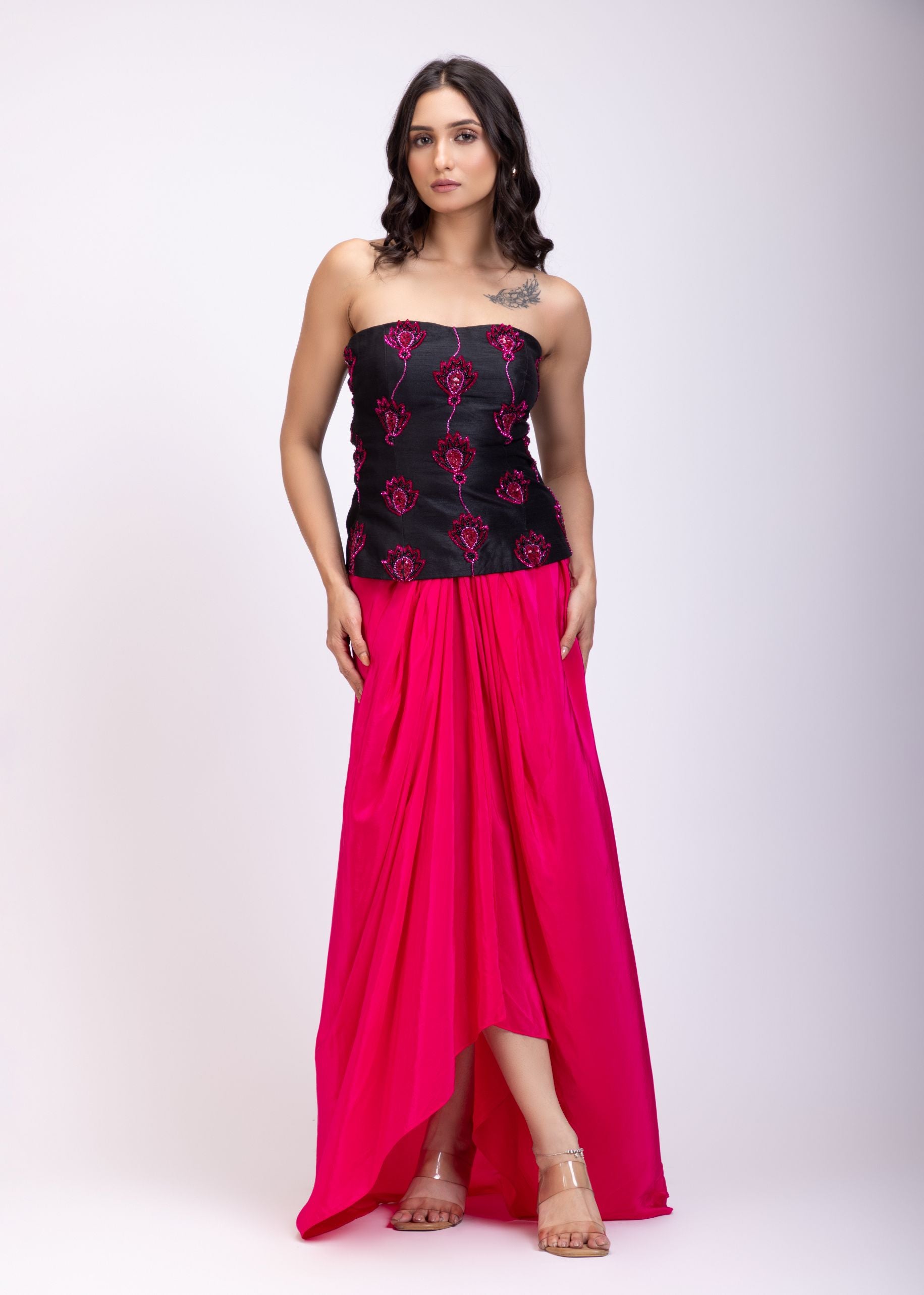 Black Off Shoulder Corset And Drape Skirt With Pink Embroidery And Cut Dana Detail Work front