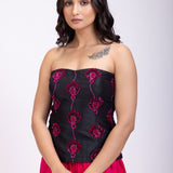 Black Off Shoulder Corset And Drape Skirt With Pink Embroidery And Cut Dana Detail Work close up