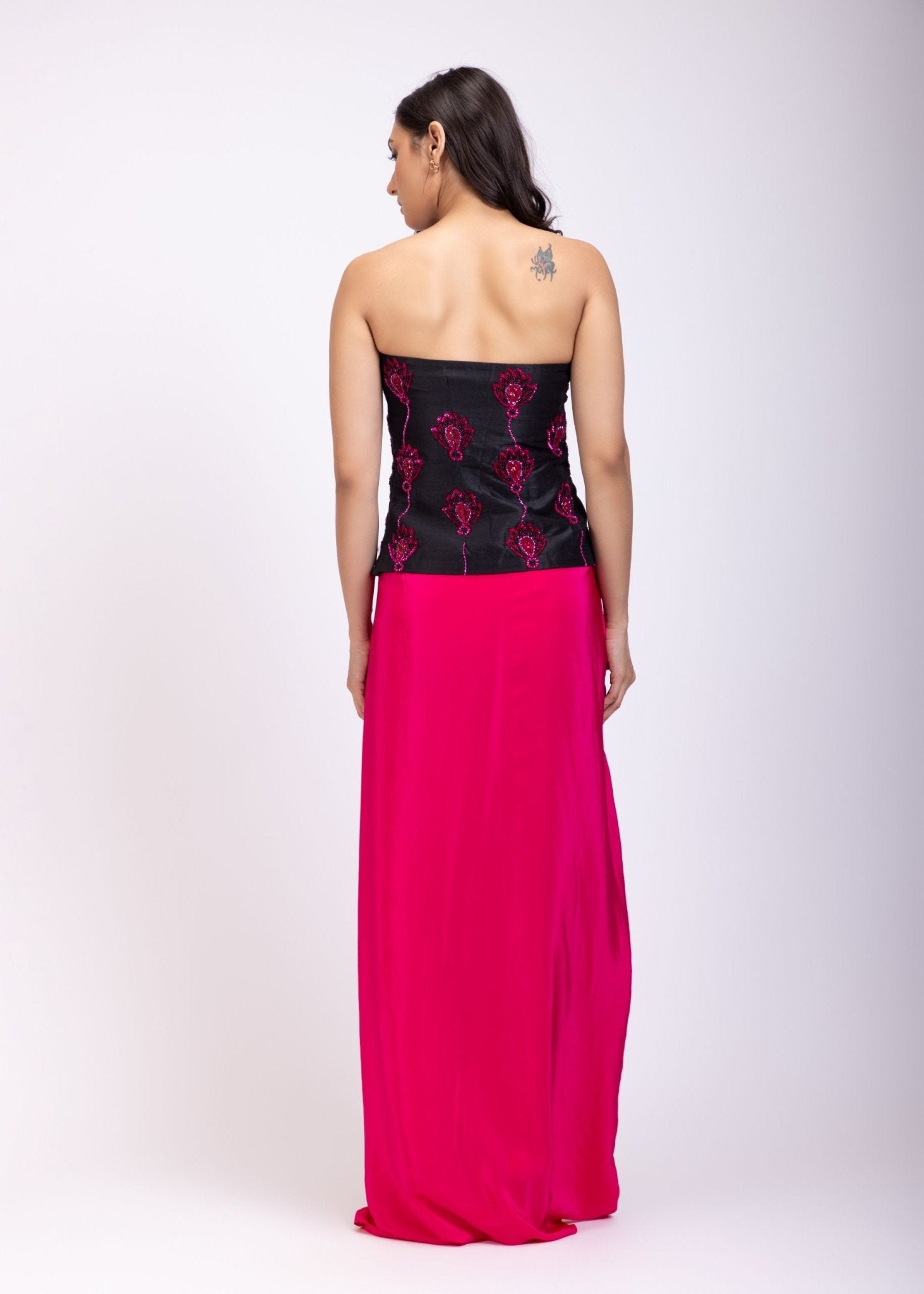 Black Off Shoulder Corset And Drape Skirt With Pink Embroidery And Cut Dana Detail Work - Anvi Couture