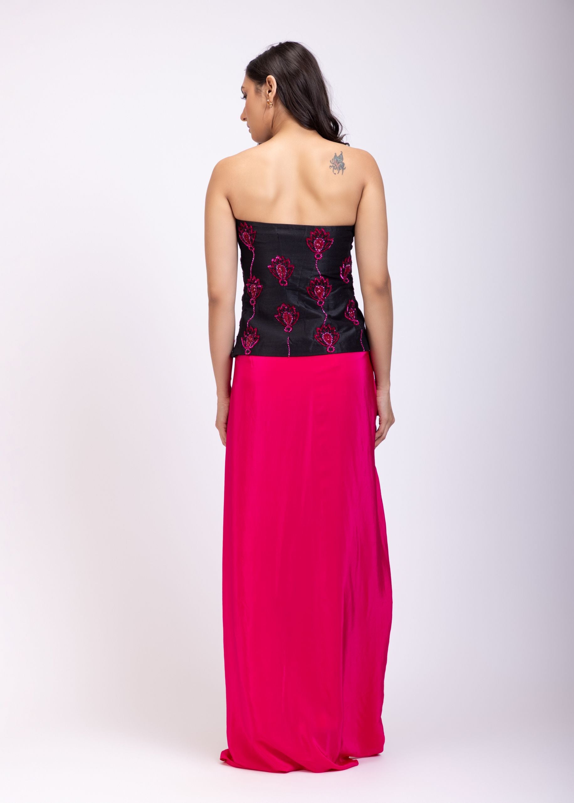 Black Off Shoulder Corset And Drape Skirt With Pink Embroidery And Cut Dana Detail Work back