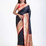 Black Paithani Saree with Red Floral Motif Pallu Full
