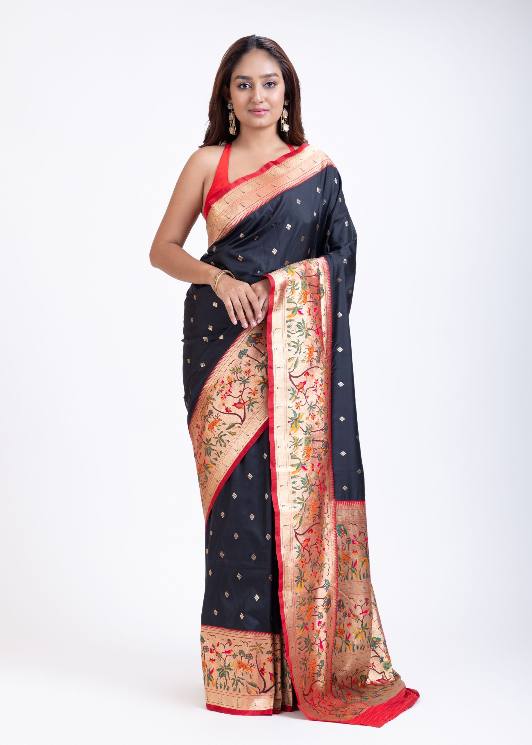 Black Paithani Saree with Red Floral Motif Pallu Full
