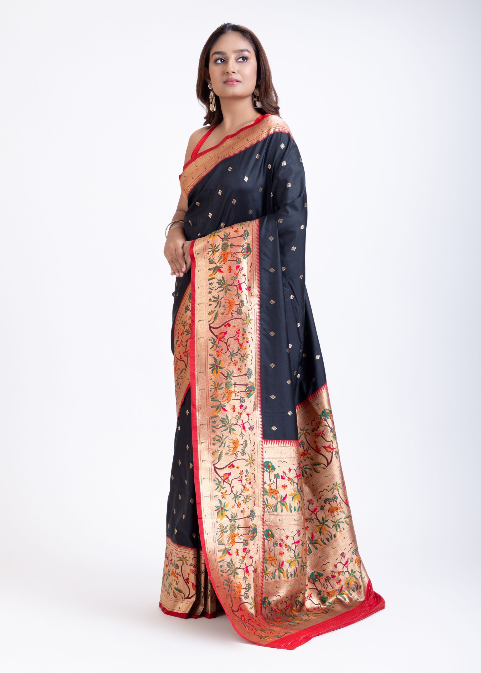 Black Paithani Saree with Red Floral Motif Pallu Front
