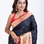 Black Paithani Saree with Red Floral Motif Pallu Close Up

