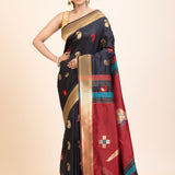 Black Paithani Silk Saree With Golden Border and Red Pallu - Anvi Couture
