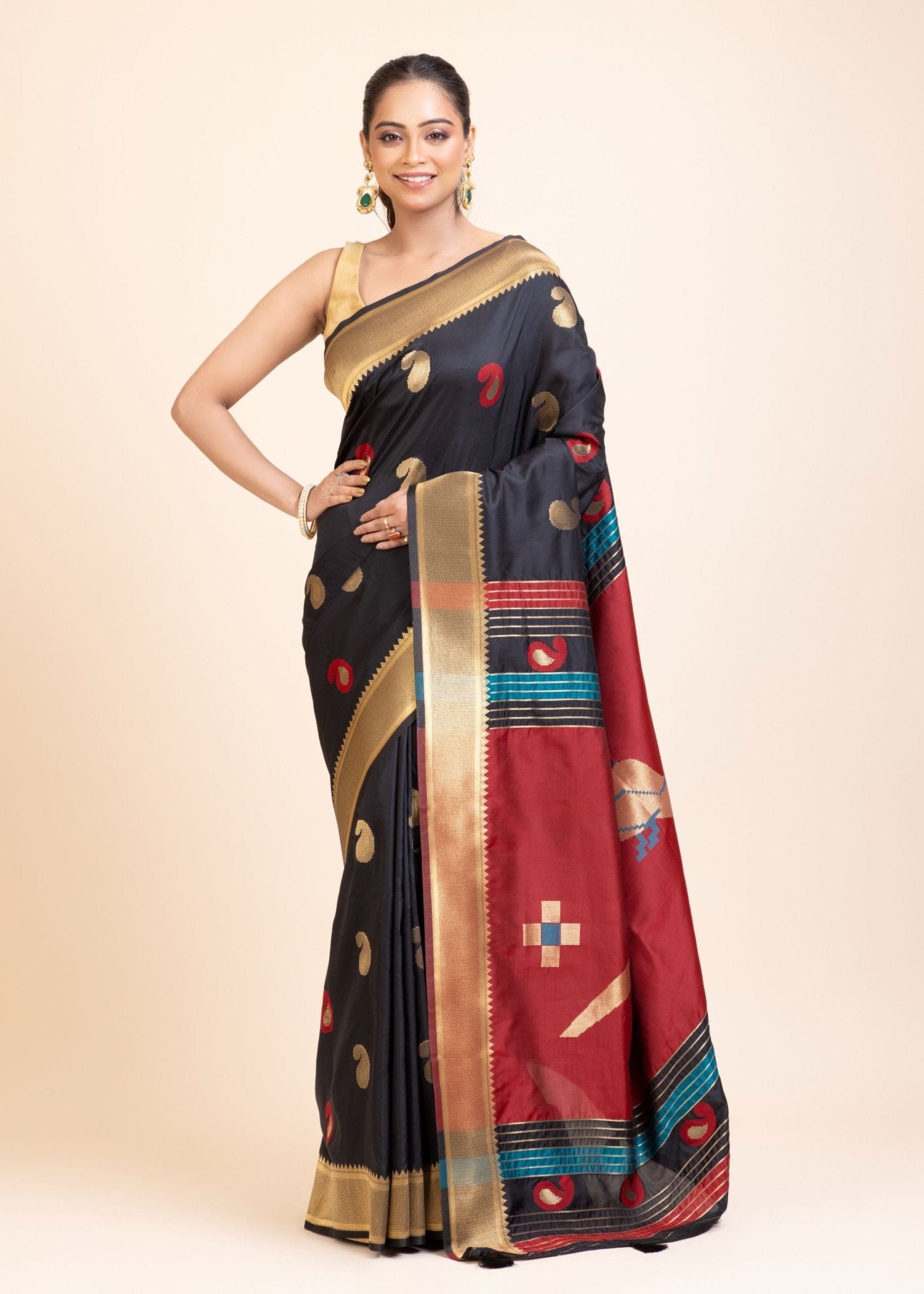 Black Paithani Silk Saree With Golden Border and Red Pallu - Anvi Couture
