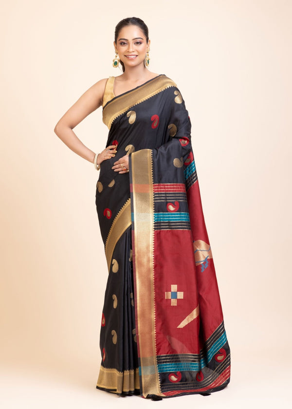 Black Paithani Silk Saree With Golden Border and Red Pallu - Anvi Couture