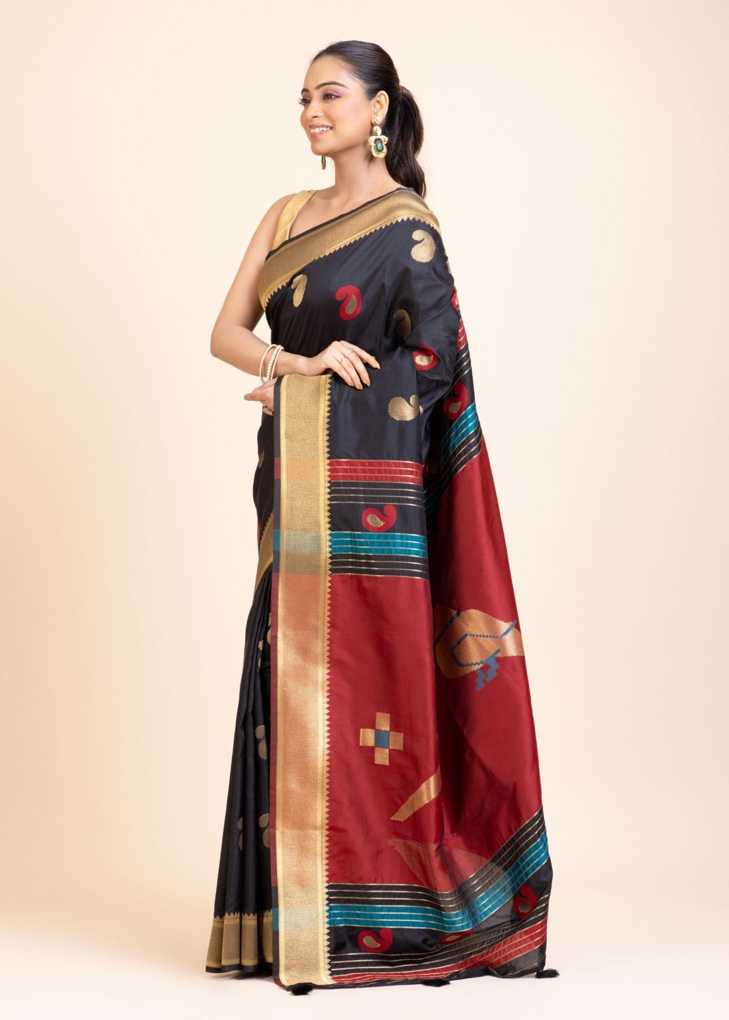 Black Paithani Silk Saree With Golden Border and Red Pallu - Anvi Couture