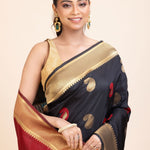 Black Paithani Silk Saree With Golden Border and Red Pallu - Anvi Couture