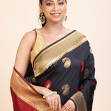 Black Paithani Silk Saree With Golden Border and Red Pallu - Anvi Couture