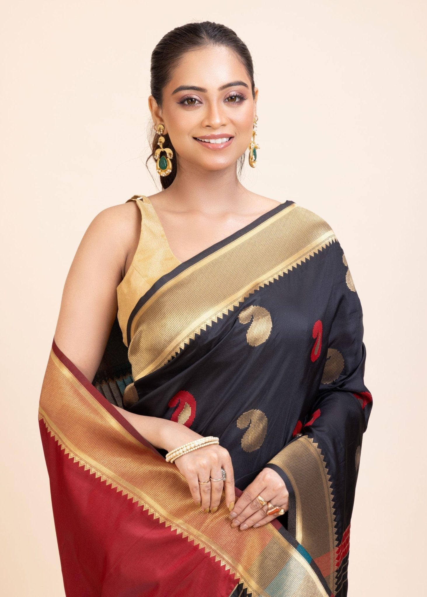 Black Paithani Silk Saree With Golden Border and Red Pallu - Anvi Couture