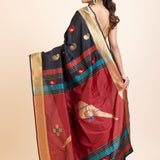 Black Paithani Silk Saree With Golden Border and Red Pallu - Anvi Couture