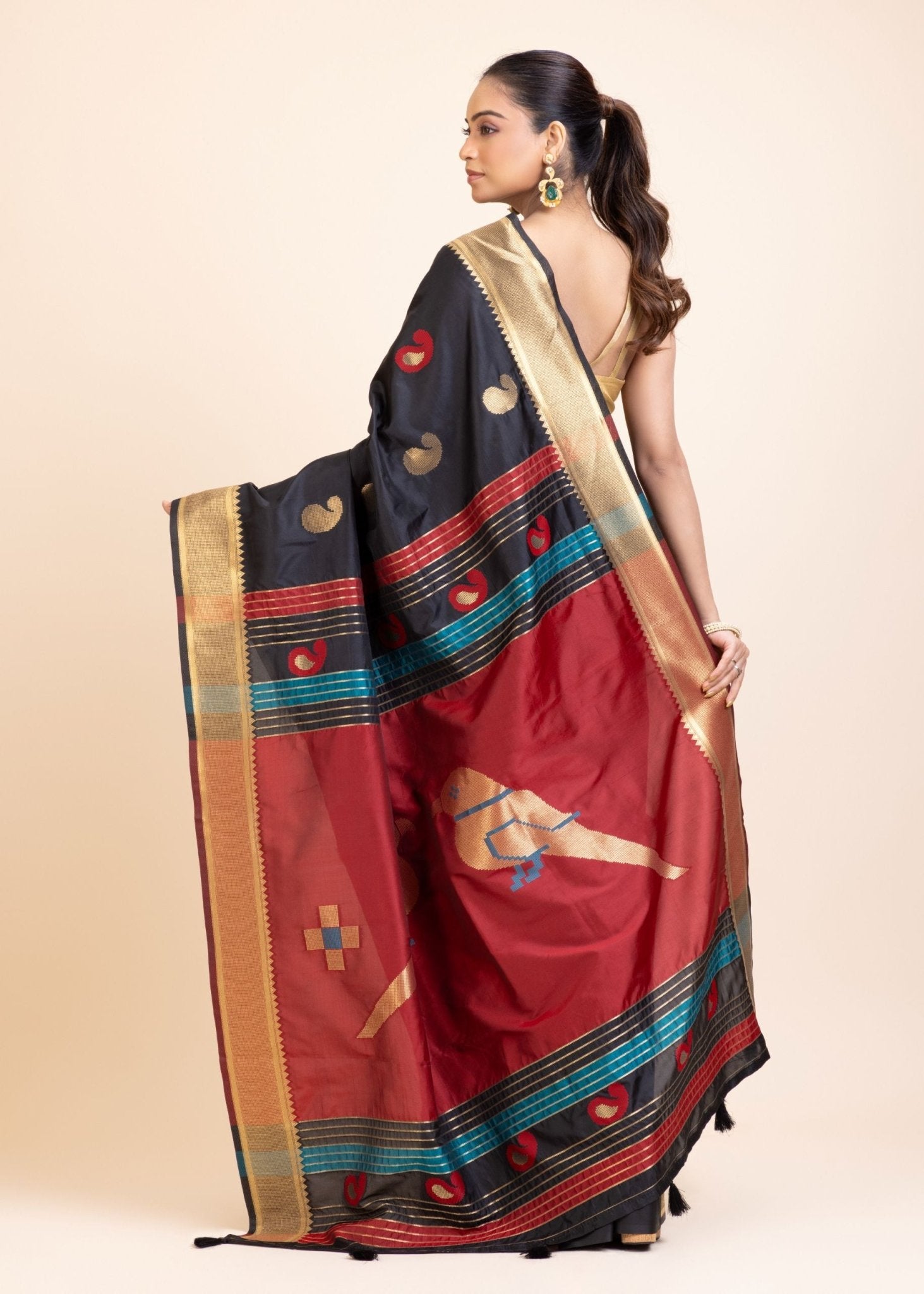 Black Paithani Silk Saree With Golden Border and Red Pallu - Anvi Couture