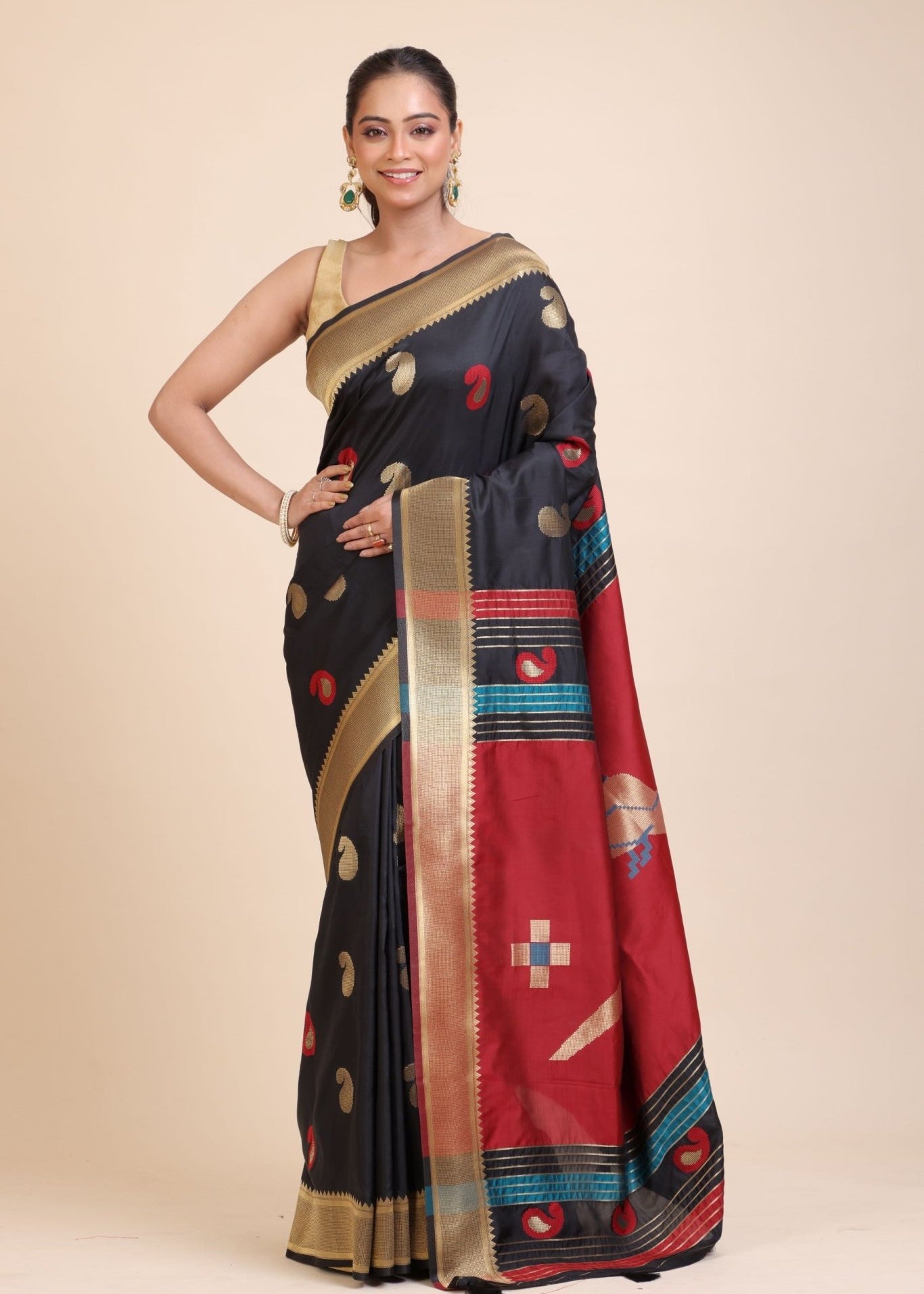 Black Paithani Silk Saree With Golden Border and Red Pallu - Anvi Couture